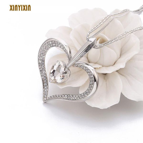 

pendant necklaces elegant crystal color big heart necklace women fashion clear multi layers long statement jewelry, Silver