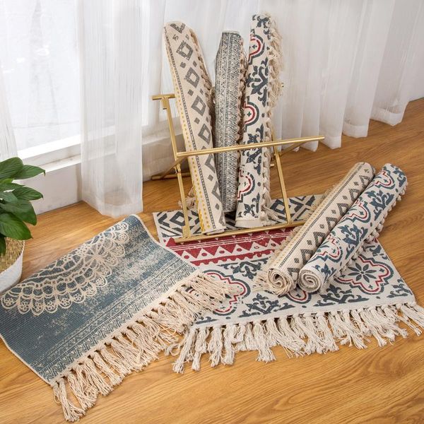 

retro bohemian carpet hand woven cotton linen rug geometric floor mat living room bedroom home decor mj714 carpets