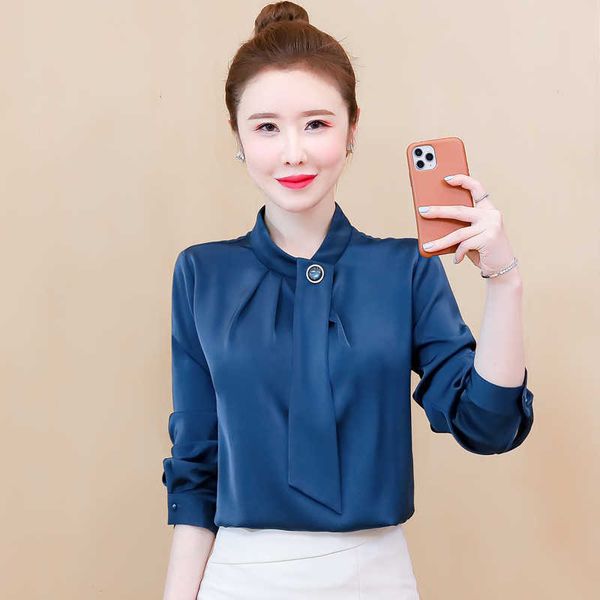 

french elegant pure blue shirt spring design sense ribbon women's long-sleeved korean satin stand-up collar shirt 210706, White