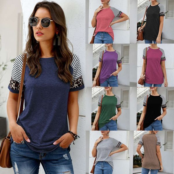 

casual dresses round neck leopard pattern splicing short sve t-shirt for women in winter, Black;gray