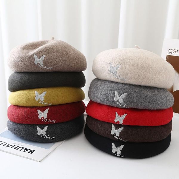 

berets autumn winter butterfly embroidery wool beret cute girl solid color painter hats for women caps wholesale, Blue;gray