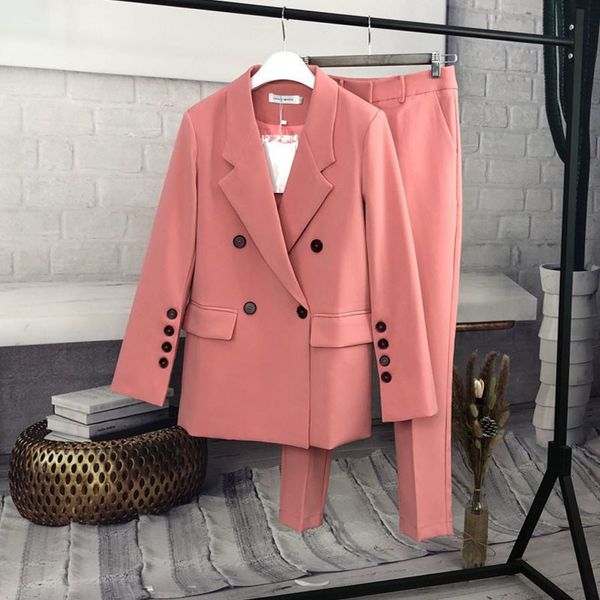 

women's two piece pants pink blazer two piece set women 2021 spring arrival korean elegant casual ol suit ankle-length e6ph, White