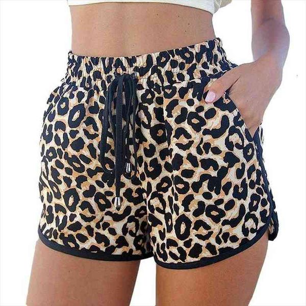 

leopard summer loose beach womens shorts adjust high elasticity waist casual print drawstring, White;black