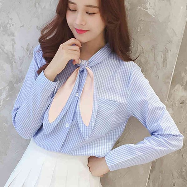 

women and blouse bunny ears neck autumn elegant lattice chiffon korean cotton long sleeve 183i 210420, White