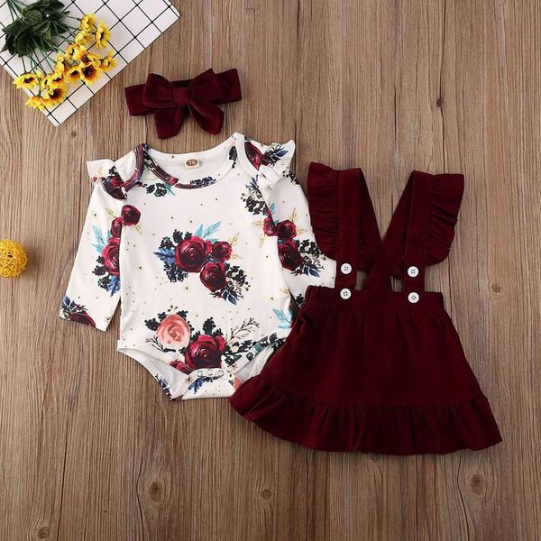 

clothing sets born baby girl clothes set floral bodysuit romper jumpsuit t shirt suspender skirts bow headband outfit, White