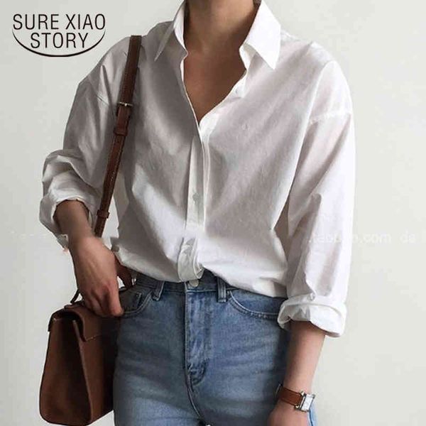 

vintage solid button cardigan shirts plus size ladies autumn korean chic long sleeve cotton women blouse 10156 210415, White