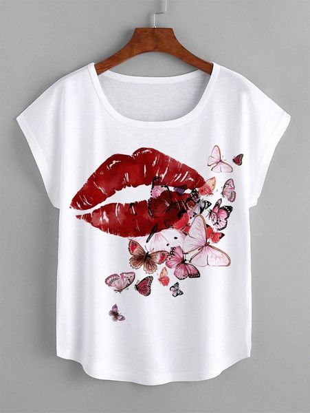 

plus butterfly and lip print batwing sleeve tee f3xu#, Black