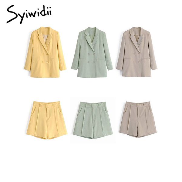 

syiwidii 2 pieces for office shorts and blazer set business women summer korean outfit short set with jacket green yellow gray 210417, White