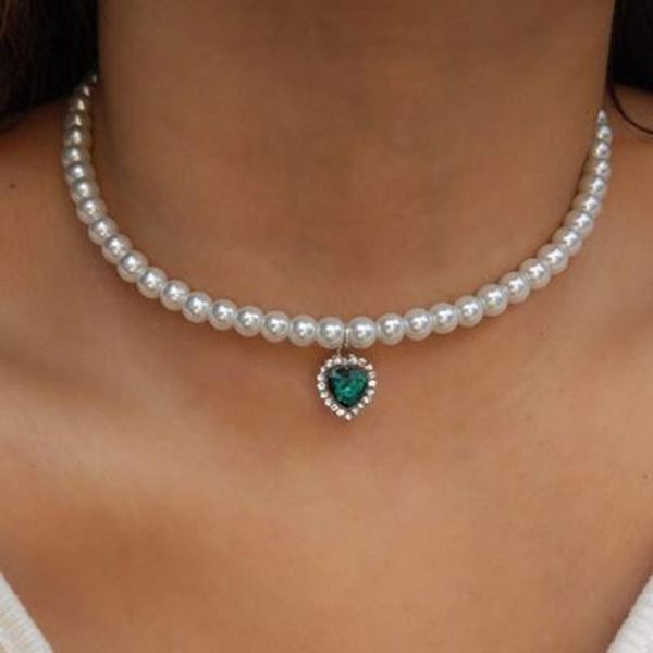 

chokers vintage pearl chain green zircon love heart pendant necklace jewelry for women luxury crystal harajuku hip hop choker, Golden;silver