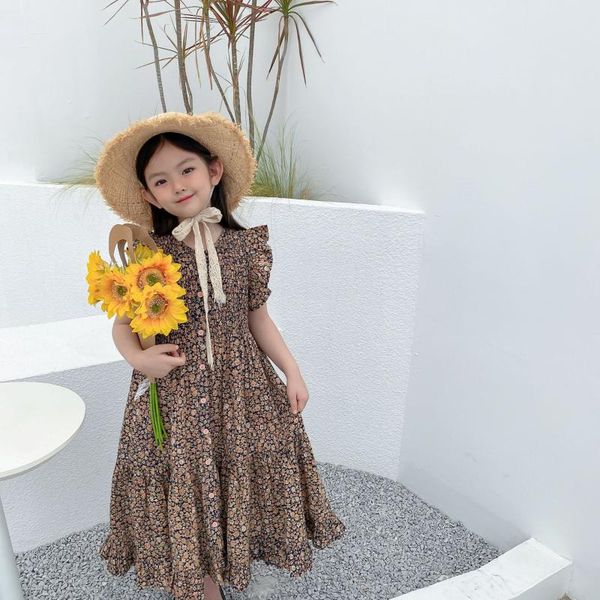 

baby girls clothes summer stylish long dress cotton sweet girl's with retro floral pattern dresses, Red;yellow