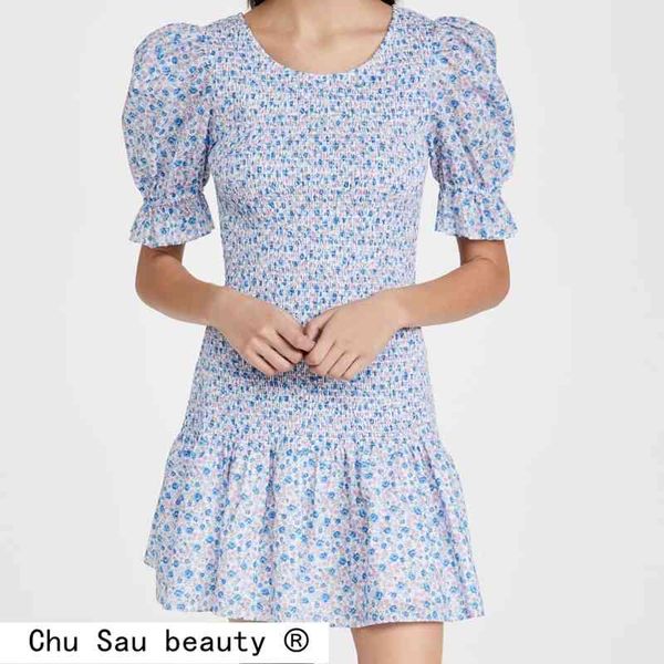 Verão Blogueiro Estilo Lindo Chic Floral Impressão Mini Vestido Mulheres Doce Ruffles O-pescoço Vestidos apertados feminino 210514