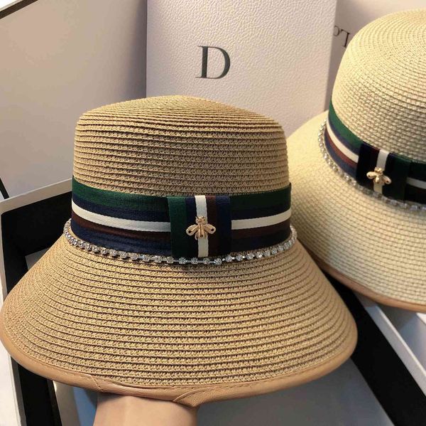 

small fragrance geomantic drill ribbon big eaves fisherman's straw hat women's fashion light luxury bee simple anti ultraviolet su, Black;white