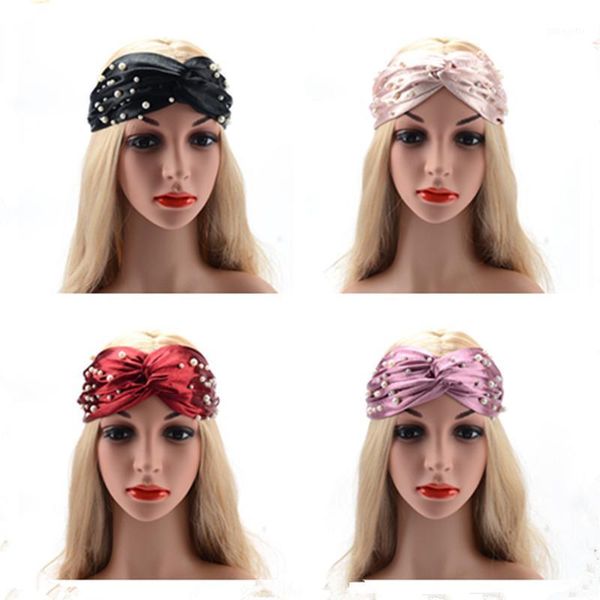 

women's hair accessories wide pearl headbands fashion cross knotted turban knit spa headband ladies elastic wrap hairband1