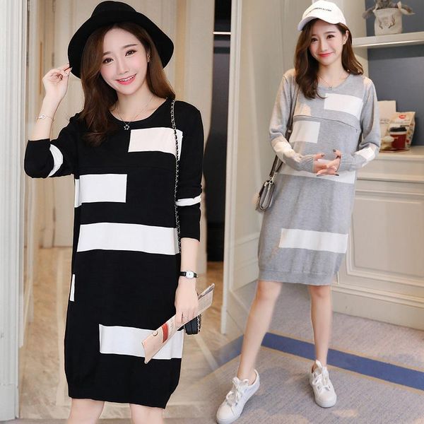 

maternity dresses plaid knitted nursing pregnant autumn dress loose large size for women breastfeeding clothes, White