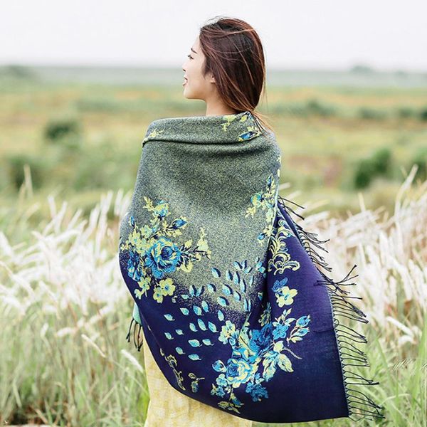 

large square scarf ladies ethnic travel shawl winter imitation cashmere wild thick autumn blanket warm cloak scarves dual-use, Blue;gray