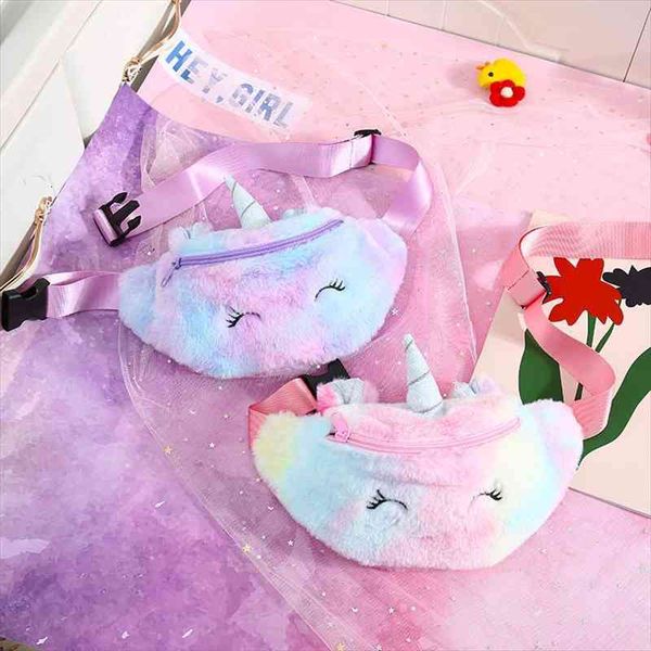 

student winter fur unicorn waist bag girl rainbow chest cartoon plush fanny pack teenager cute belt pocket
