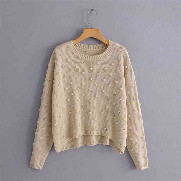

stylish chic small hairball appliques sweater za fashion women o-neck pullovers long sleeve casual knitwear for female outwear 210531, White