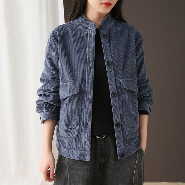 

women's fur & faux arrival autumn women single breasted jackets 100% cotton corduroy double pocket vintage casual short coat femal, Black