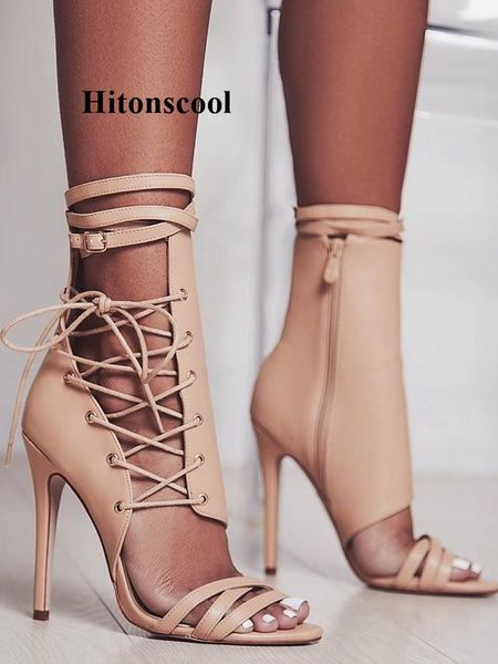 

women brand high heels sandals summer open toe cross strap gladiator lace up shoes woman black nude