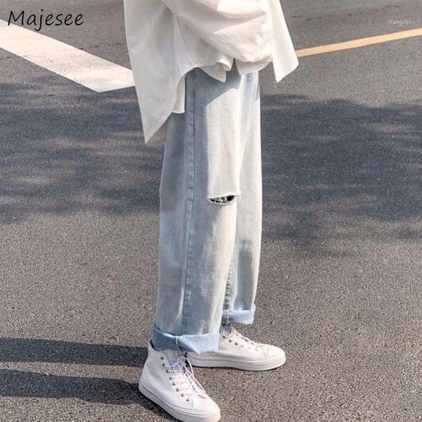 

women's jeans women ripped light blue denim japanese harajuku bf couple roll up hem 2021 summer retro streetwear simple fashion casual