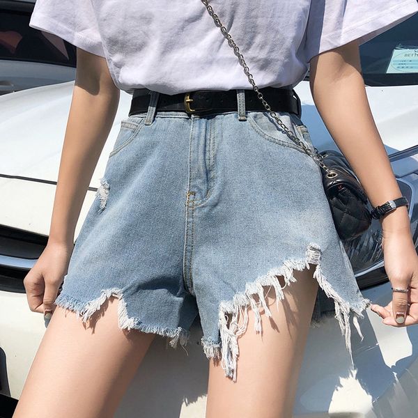 

women's shorts hole denim korean super short high waist 2019 new summer loose and thin a-line leisure wide leg pants, White;black