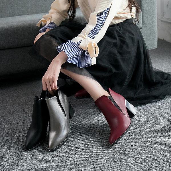 

boots fashion ankle pu women basic pointed toe sewing solid vintage high square heel slip-on big size shoes, Black