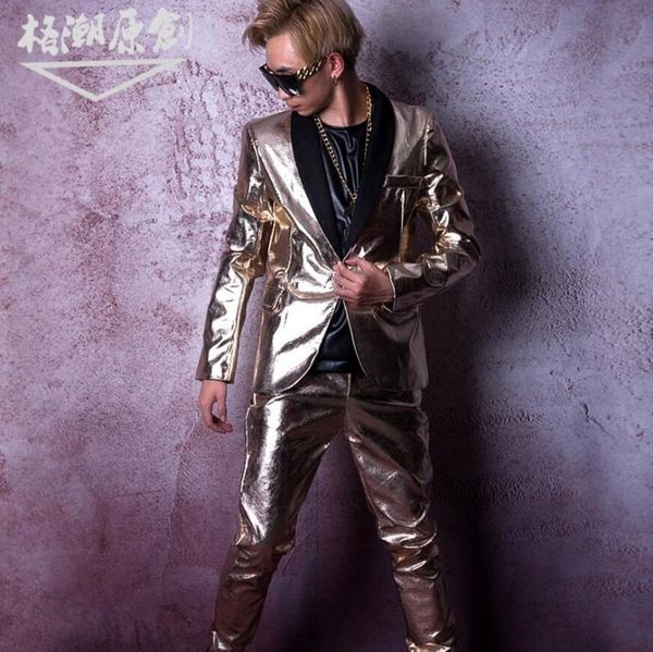 

large size nightclub hip-hop rock men singer light golden single button suit bar stage performance clothes/m-5xl men's jackets, Black;brown