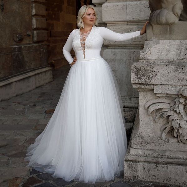 

elegant long sleeves plus size wedding dresses o neck applique a line sweep train women's bridal gowns mariage dress, White