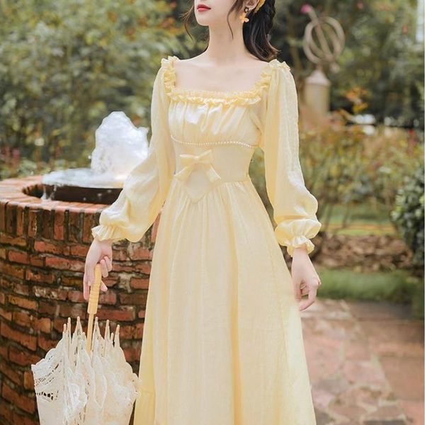 

casual dresses french dress women retro square collar long sleeve fairy korean slim vestido feminino party wedding event 2021, Black;gray