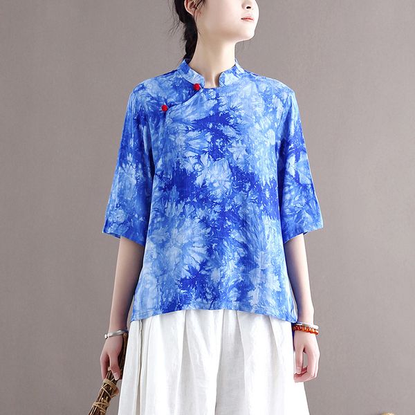 Johnature Kadınlar Çin Tarzı Gömlek Kravat Boyalı Standı Yarım Kollu Bluzlar Yaz Mavi Düğme Pamuk Yumuşak Kadın Gömlek Top 210521
