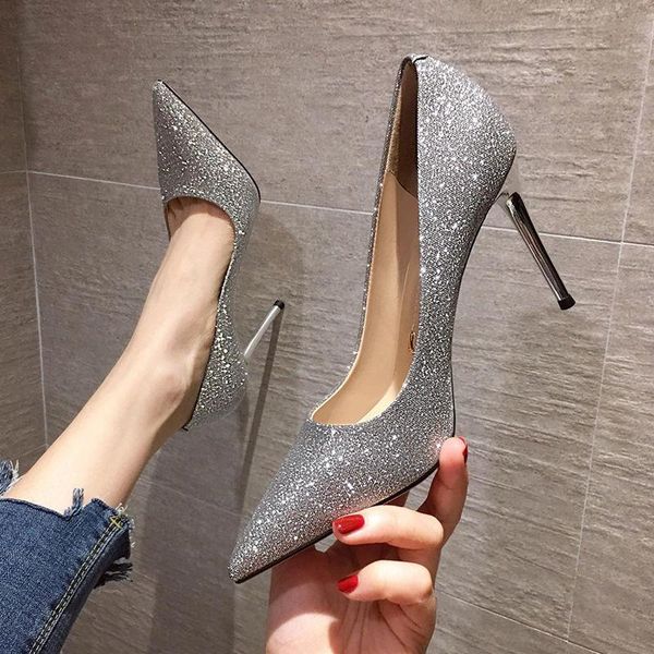 

dress shoes fall 2021 ladies high heels niche sequins pointed toes 9 cm spring wedges for women, Black