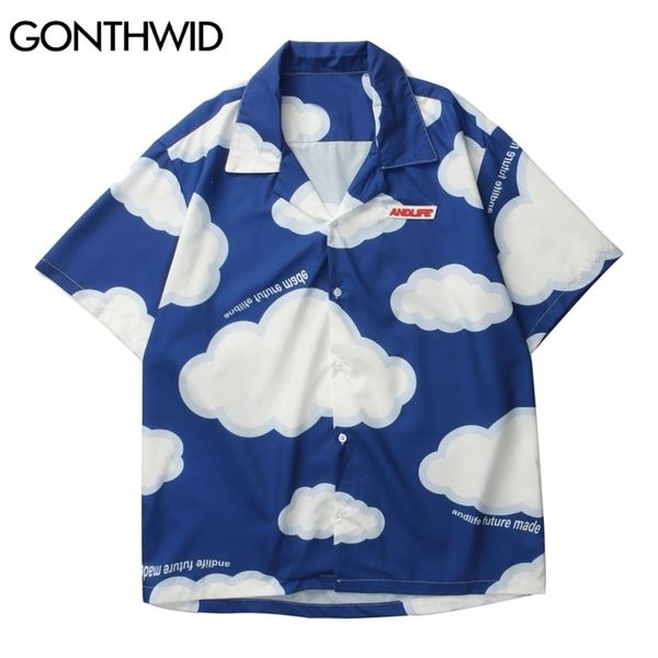 

gonthwid shirt harajuku clouds print jackets coats streetwear hip hop summer fashion men short sleeve button 210809, White;black