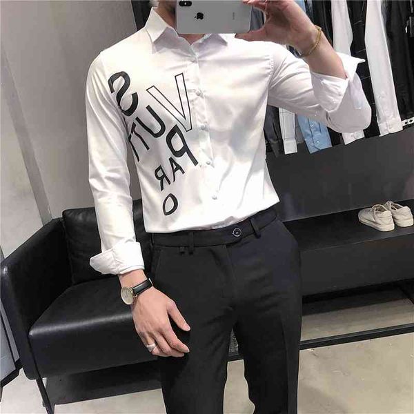 

men's polos letter printed men long sleeve casual shirts spring business formal slim fit streetwear social party blouse cujn, White;black