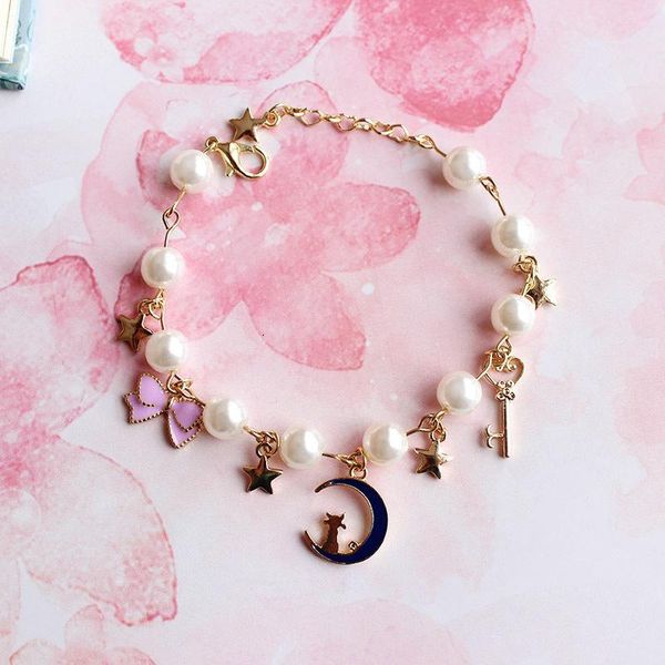

charm bracelets bracelet moon 2021 sailor blue sweet romantic pink bow pendant accessories cute girl jewelry, Golden;silver