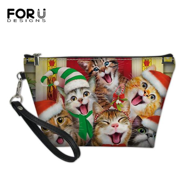 

women portable cosmetic bags with zipper christmas cats selfie pattern casual ladies makeup case storage mujer & cases