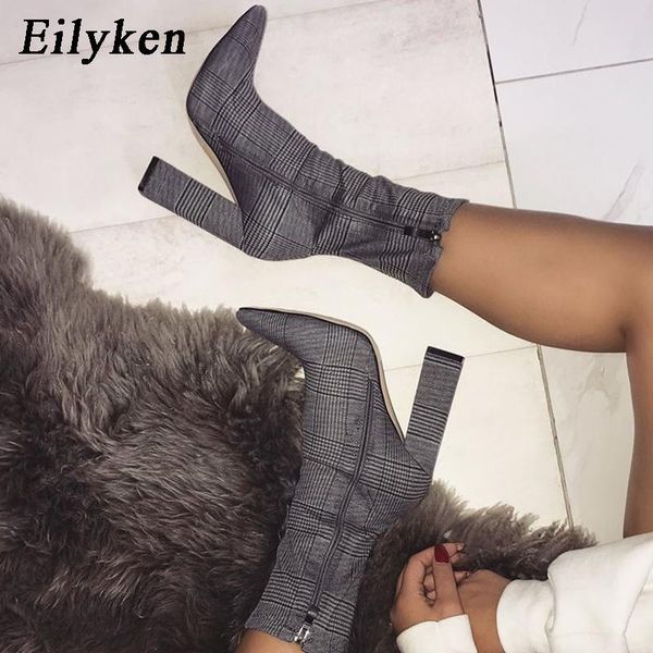 

design print ankle boots women heels for autumn winter fashion pointed toe square heel zipper woman, Black
