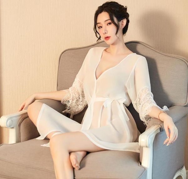 

women's sleepwear japanese kimono shower bath robes see through ladies lace terry women wedding lingerie patchwork nightgowns, Black;red