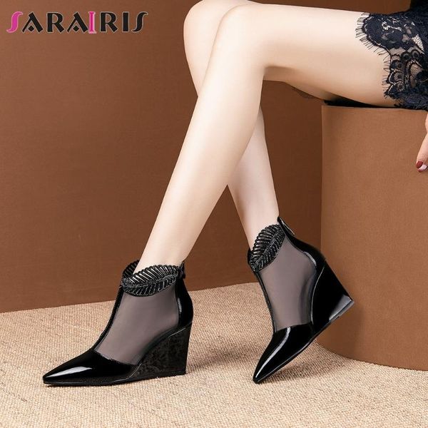 

dress shoes sarairis breathable street mesh pumps 2021 high wedges women fashion patent leather woman, Black