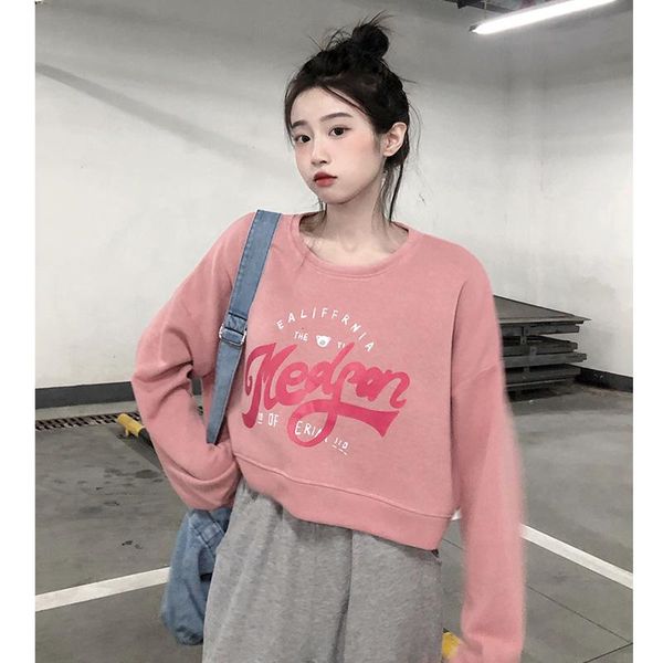 

women's hoodies & sweatshirts lazy style short pullover spring and autumn loose korean long-sleeved round neck outer top, Black