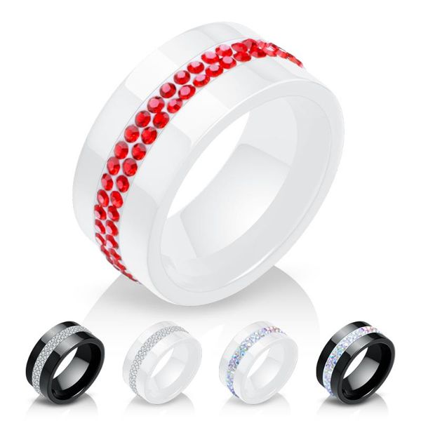 

wedding rings 10mm black and white 2 row crystal ceramic ring women engagement promise band gifts for, Slivery;golden