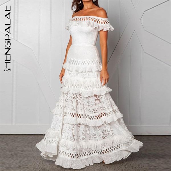 

shoulder hollow out lace dress floor length party maxi es robe cake layers elegant long white za3829 210427, Black;gray