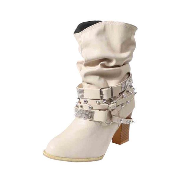 

boots 2021 buckle strap women autumn winter retro pu leather shiny rivets heel shoes, Black