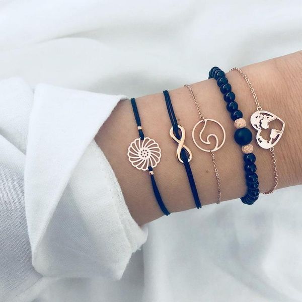 

link, chain 5 pcs/ set punk heart map wave beads flower digital leather gold multilayer bracelet women exquisite clothing jewelry, Black