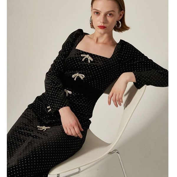 

casual dresses solid color square collar hollow chest diamond buckle strap waist wrap velvet dress ladies autumn style, Black;gray