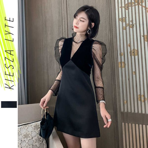 

women party dress spring stand collar perspective fishnet mesh patchwork ladies long sleeve clubwear mini dresses 210608, Black;gray