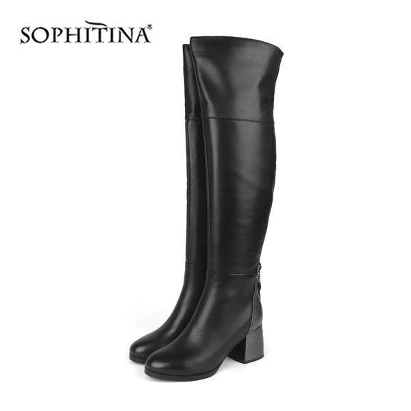 

sophitina special design boots keep warm genuine leather square heel round toe shoes women's boots pc218 210513, Black