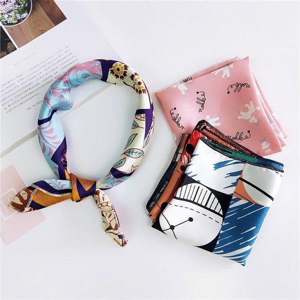 

scarves 2021 women neckerchief 50*50cm luxury satin small square silk hair scarf tie harness print neck ring winter head, Blue;gray