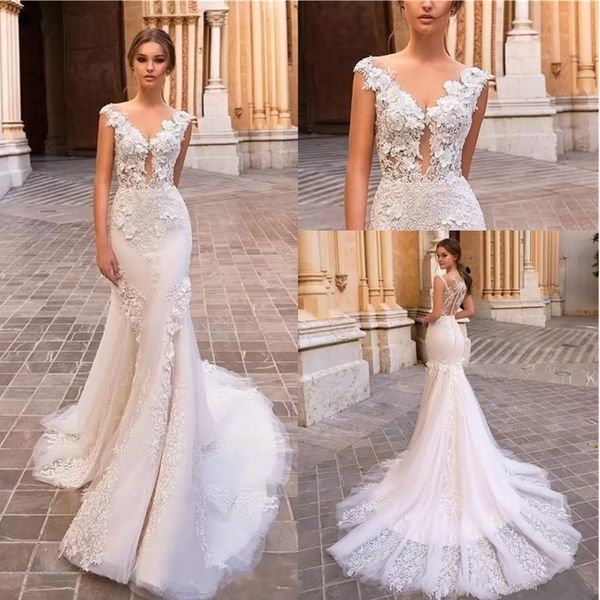 Abiti da sposa in pizzo a sirena splendida personalizzata Abiti da sposa con scollo a V trasparente Abiti da sposa bohémien vuoti Plus Size Vestidos De Nnovia CXX