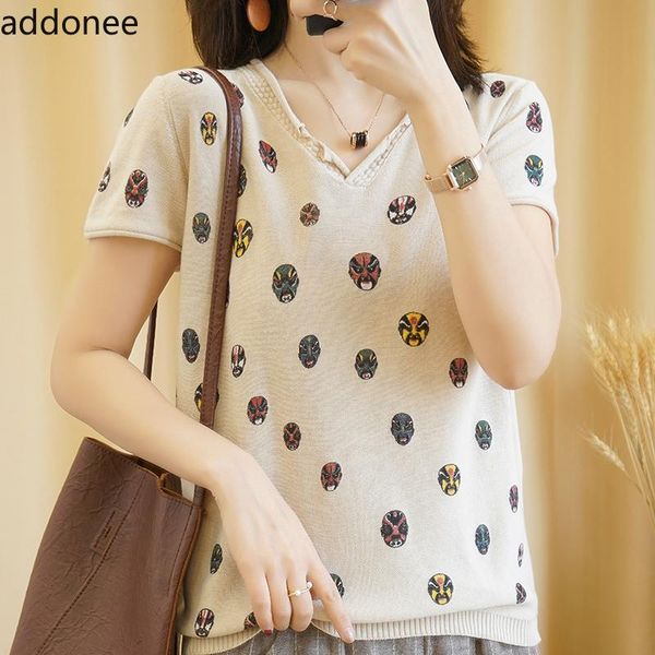 

women's t-shirt 2021 spring style v-neck sweater women cotton linen simple retro personality printed bottoming shirt long sleeves, White