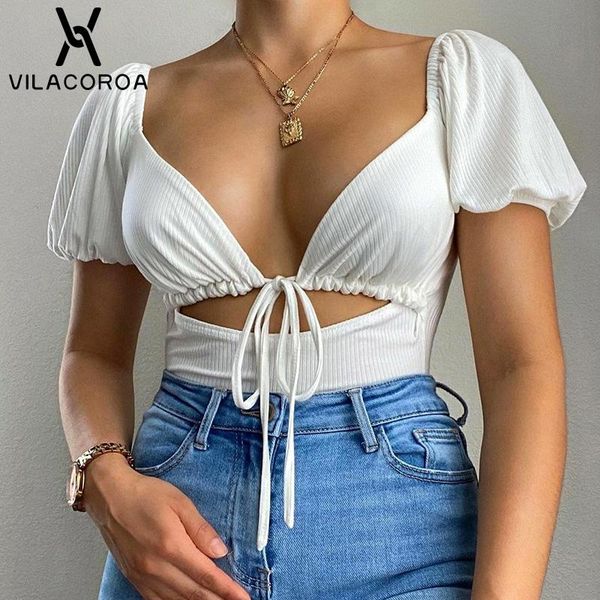 

women's t-shirt rib deep v white women clothes casual puff short sleeve draped lace-up tshirt hollow basic skinny female